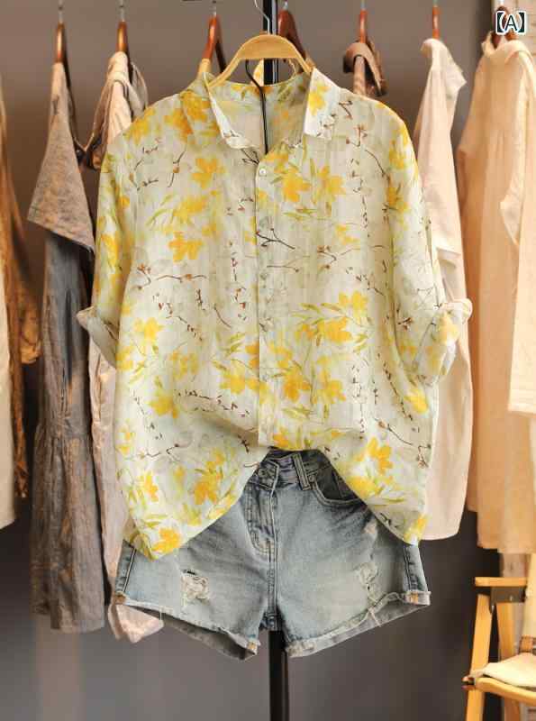 レディース カジュアル 夏 トップス シャツ 普段着 サマーウェア 女性 ハイエンド 半袖 ラミー 大きいサイズ お腹り カバー 綿 リネン プリント 小さい