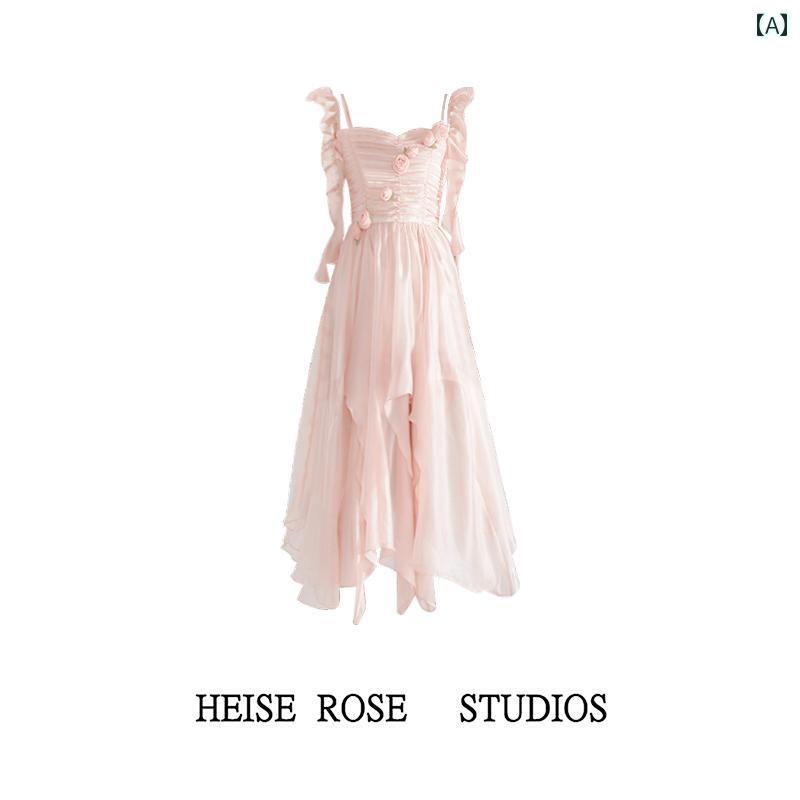 レディース 夏 サマー ワンピース 大人かわいい 不規則 スカート スリミング サスペンダー シフォン ドレス 女性 海辺 休暇 ロング