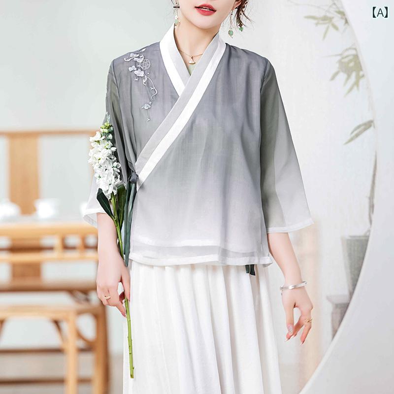 Other - 文学 レトロ 民族風 韓服 唐 スーツ プレート バックル チャイナ トップス 中華風 女性 ティー サマー ドレス