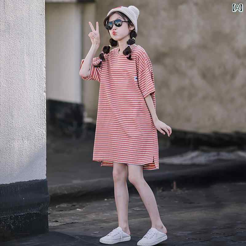 夏 カジュアル ワンピース かわいい 女の子 ガールズ スカート 中 大型 子供 半袖 ストライプ T シャツ ストレート ドレス
