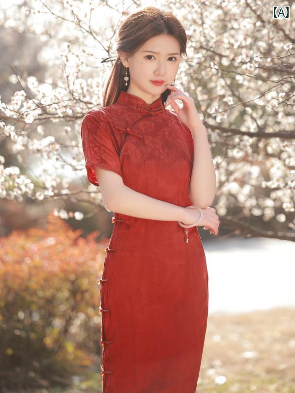 China Dress - チャイナドレス レッド レーヨン ジャカード フル ブレスト チャイナ ドレス ワンピース非 中華 若い 女子 フロア レングス レトロ 伝統的