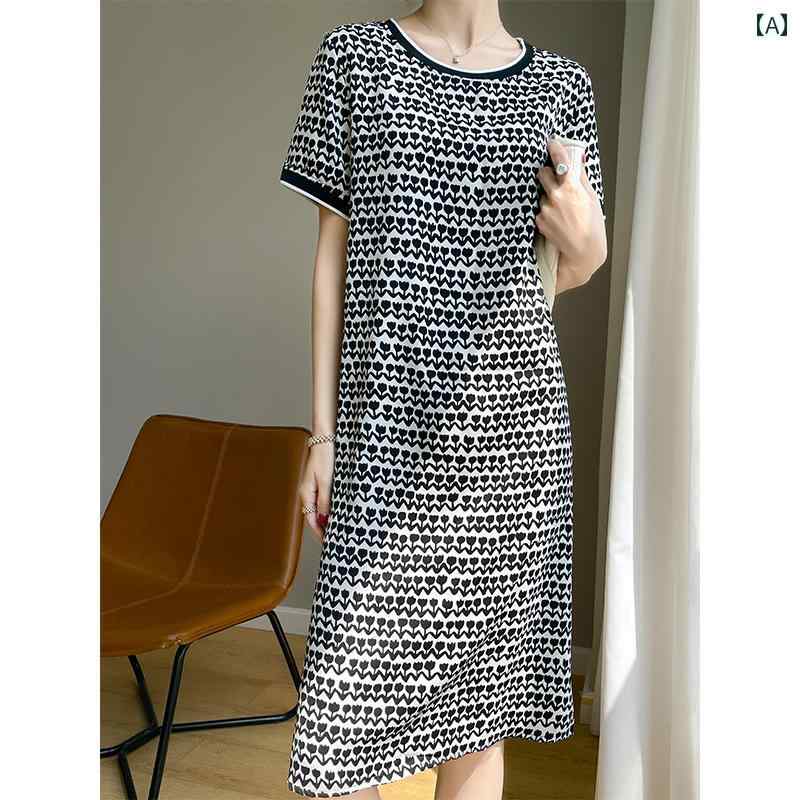 レディース 夏 サマー ワンピース チューリップ プリント ドレス ラウンドネック 黒 薄手 アセテート サテン ロング スカート 半袖 女性