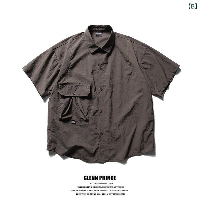 メンズ カジュアル 夏 トップス シャツ サマー レトロ 立体 バッグ ワークウェア 半袖 無地 プロ ファイル