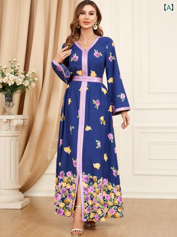 レディース エスニック ワンピース 体型カバー 中東 春 アラビア 服 花柄 ドレス ロング スカート 長袖 V ネック