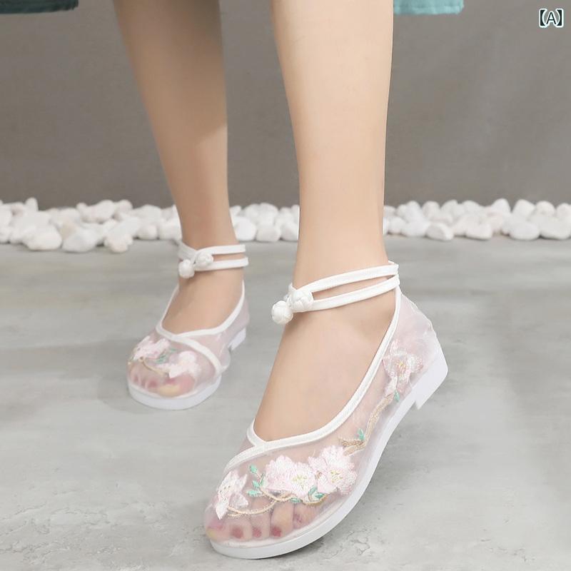 レディース 夏 パンプス おしゃれ メリージェーン 女性用 漢服 靴 レトロ 刺繍 フラット メッシュ 通気..