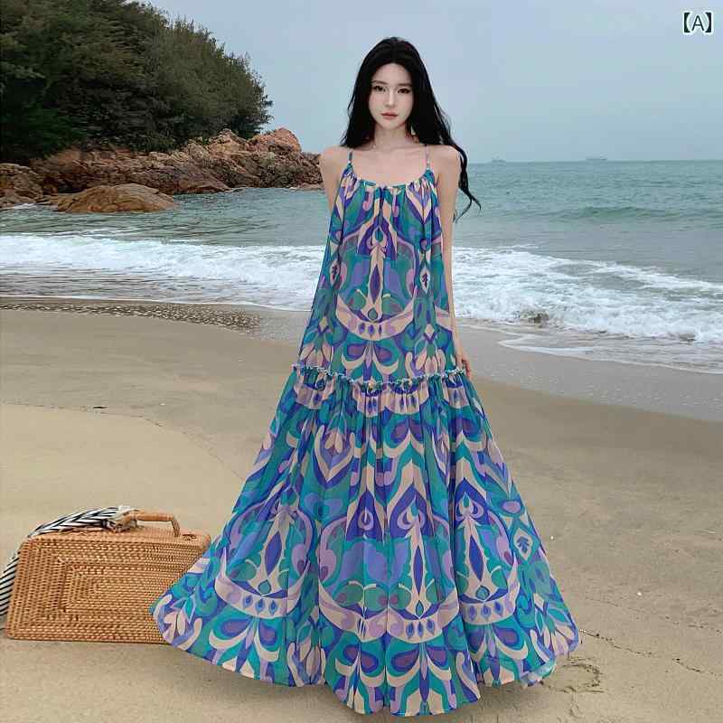 レディース リゾート ワンピース 海辺 休暇 バックレス ホルターネック ドレス 女性 エスニック プリント ロング スカート トラベル 旅行 服
