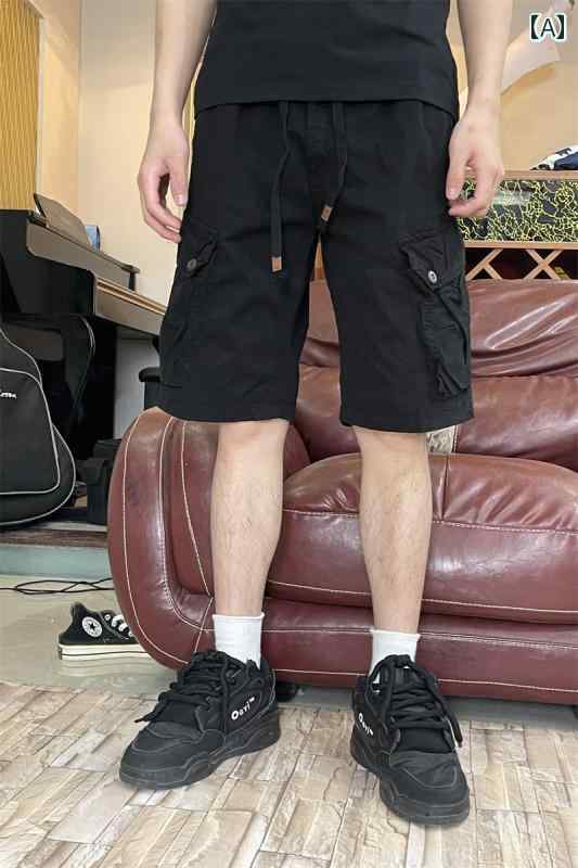 Short, Half Pants - メンズ 夏 パンツ ハーフ 半ズボン サマー 薄手 ストレート カーゴ ショーツ ファッション 五分丈 弾性 ウエスト 黒
