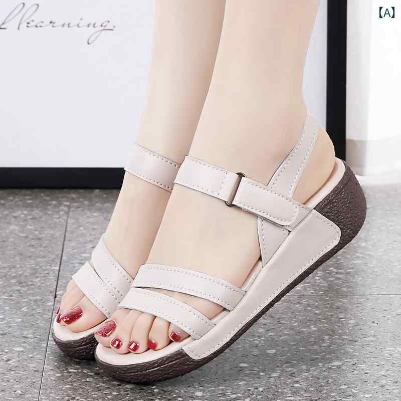 レディース 夏 カジュアル 防水 革 アウター ウェッジ ママ サンダル フラット スリッパ 厚底 靴底 シューズ