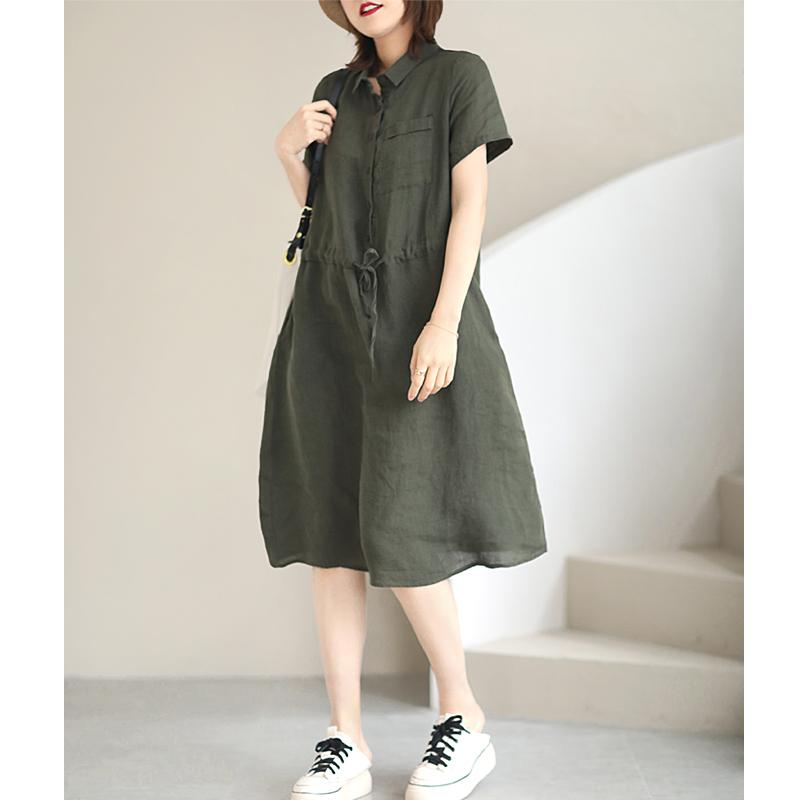 レディース 夏 カジュアル ワンピース 襟付き 爽やか ラスト 文学 ソリッドカラー リネン ドレス サマ..
