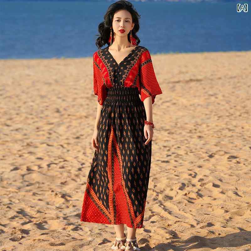 レディース 夏 リゾート ワンピース タイ 旅行 ドレス 女性 綿 エスニック ボヘミアン 休暇 ビーチ 人工 ロング