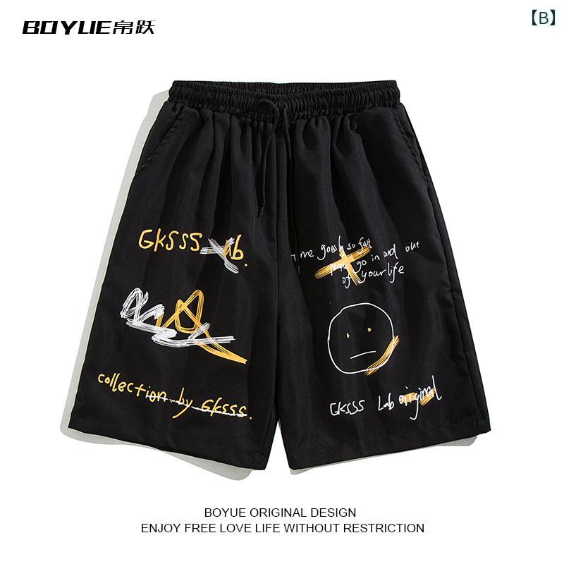 メンズ カジュアル 夏 パンツ ハーフ スポーツ トレーニング グラフィティ フラワーショー ツメ ンズ ワイド レッグ ヒップ ホップ 個性