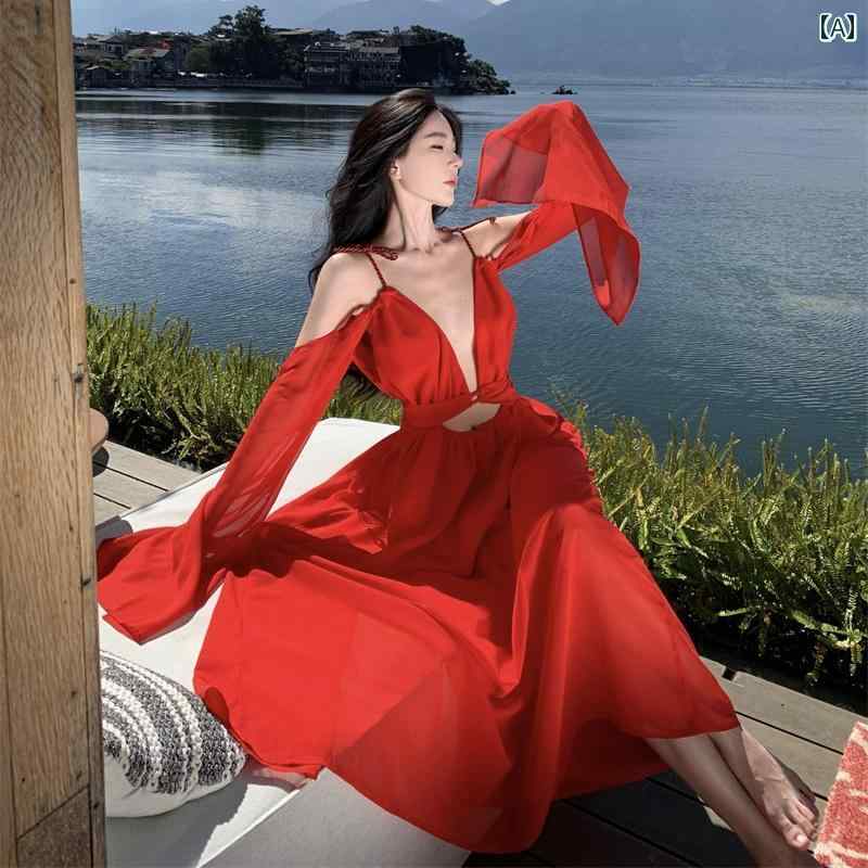 レディース リゾート ワンピース フレンチ バック レス サスペンダー ドレス 魅惑的 レッド ビーチ バ..