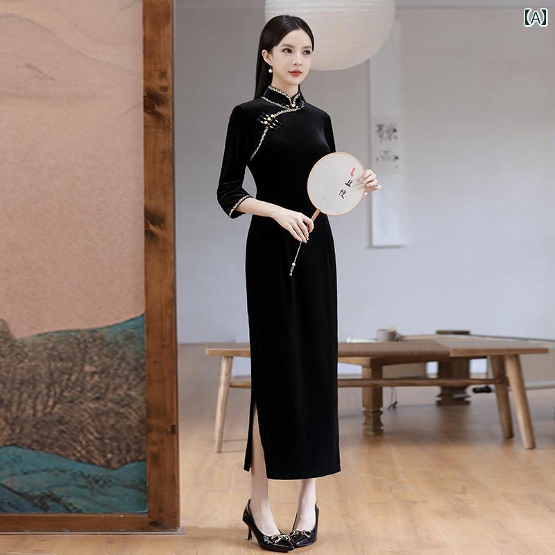 China Dress - レディース チャイナ ドレス エレガント ワンピース 撮影 衣装 黒 ベルベット ロング レトロ 民族風 ハイエンド 長袖 スリム