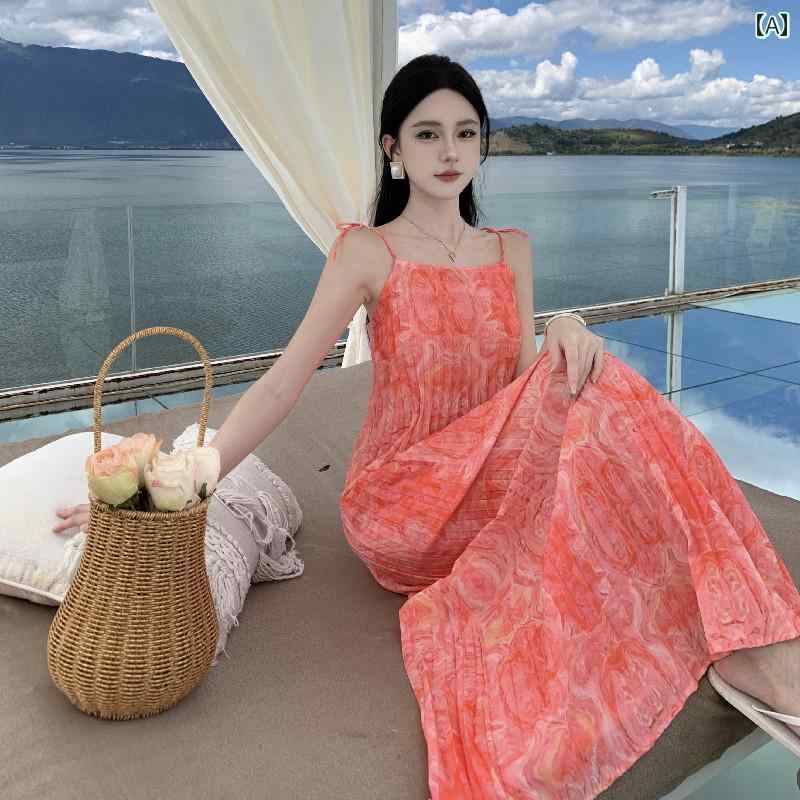 レディース リゾート ワンピース シーサイド ビーチ ドレス シンプル エレガント 汚れた プリーツ バック レス サスペンダー 旅行 スリミング ロング スカート