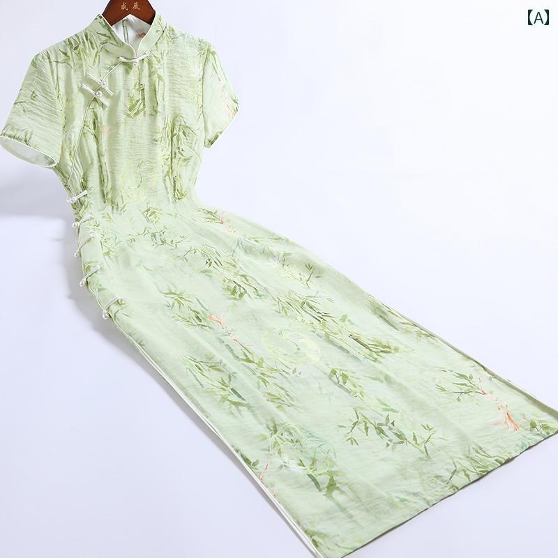 レディース 夏 チャイナ ドレス 春 ワンピース 緑 中国 上品 洗練 ガールズ レトロ 中華風 エレガント