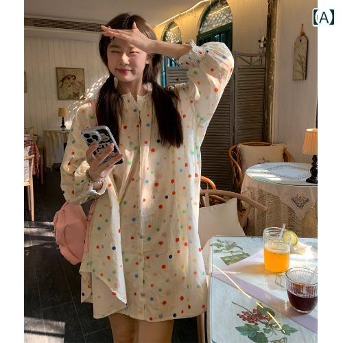 レディース 夏 ワンピース おしゃれ 大人かわいい 水玉 長袖 シャツ スカート スリム ゆったり 少し 和服