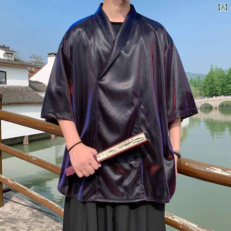 Tシャツ トップス メンズ チャイナ風 ドレープ ひんやり 涼しい 快適 エスニック 液体 眩 しい