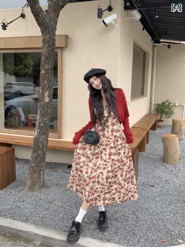 レディース ワンピース おしゃれ 大人 かわいい 早春 スカート フランス 花柄 サスペンダー セーター スーツ コーデュロイ ドレス 女性