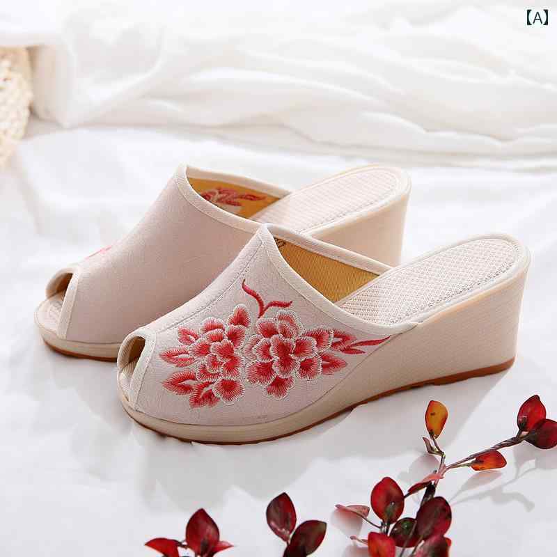 レディース 夏 スリッパ ミュール フラット 履きやすい 春 おしゃれ レトロ ジャカード 綿 刺繍 布靴 ..