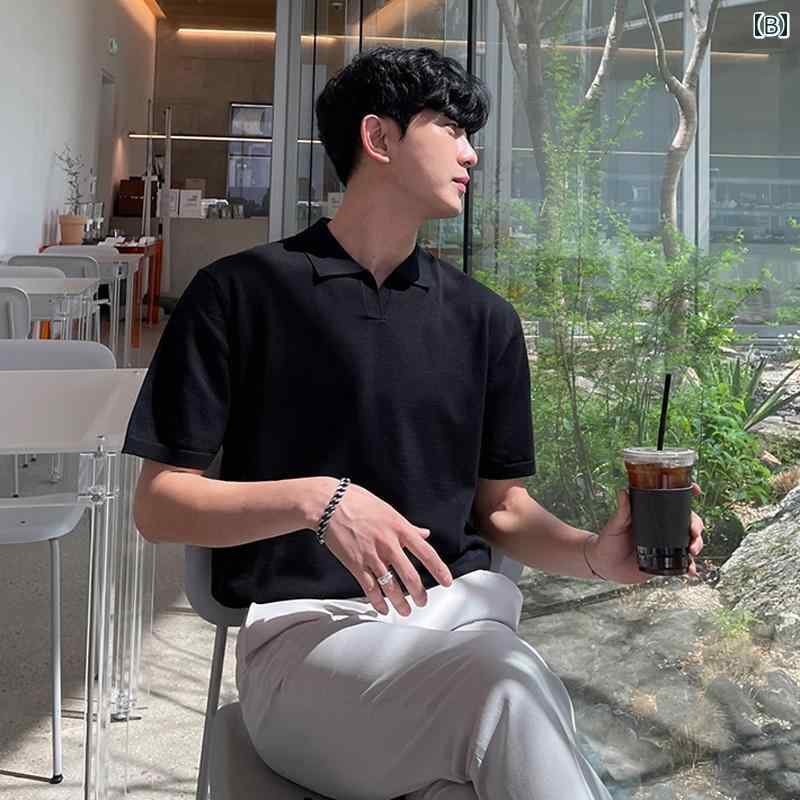 メンズ カジュアル ポロシャツ 半袖 おしゃれ シンプル スタイリッシュ スポーツ ゴルフ サマー 韓国 軽量 大人 無地 ゆったり 快適 トップス T シャツ