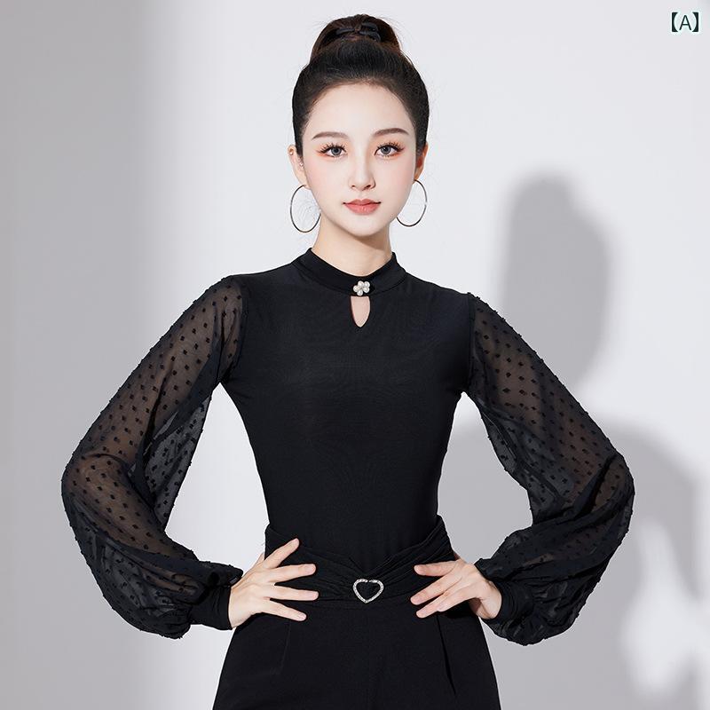 レディース プロ ラテン ダンス ワンピース 女性 大人 ランタン スリーブ 社交ダンス 標準 モダン 衣装 ワルツ パフォーマンス