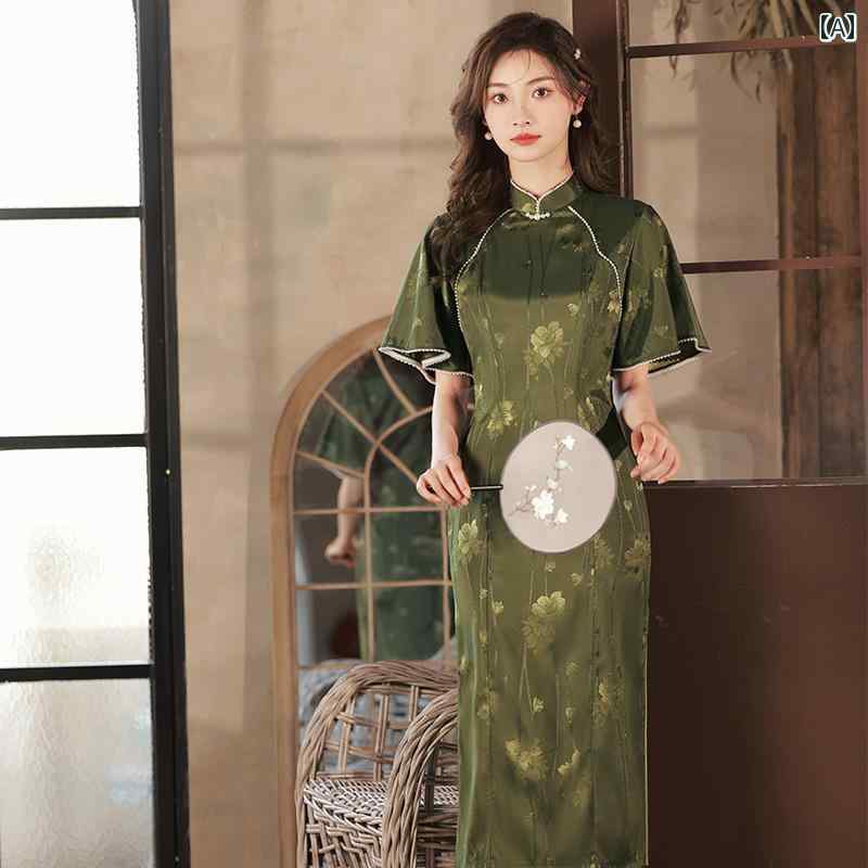 レディース 夏 チャイナ ドレス かわいい ワンピース ハイエンド ガール フレッシュ レトロ ミドル丈