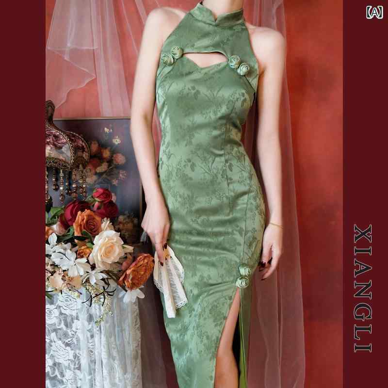 レディース 夏 チャイナ ドレス おしゃれ ワンピース 普段着 撮影 衣装 レトロ グリーン 若々しい ガールズ スリムフィット 魅惑的 ノースリーブドレス