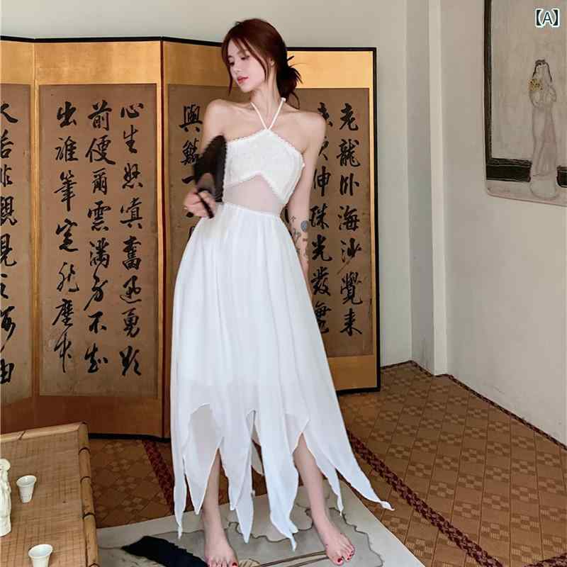 レディース リゾート ワンピース ビーチ スカート スーパー フェアリーホワイト セクシー 控えめ 露出 ウエスト ホルターネック ストラップ 不規則 ロング 海辺 休暇用 ドレス