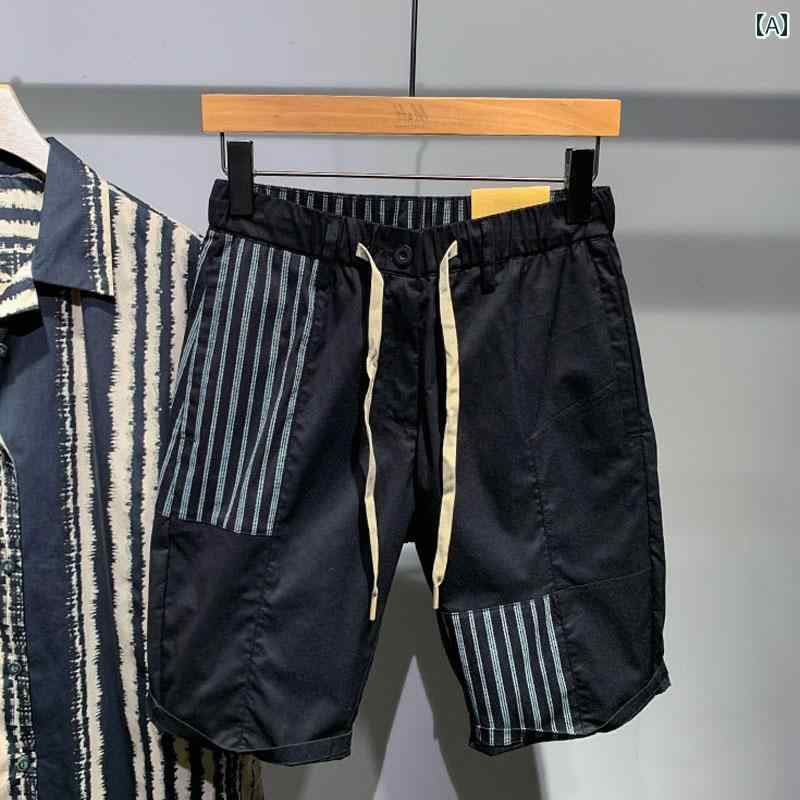 メンズ カジュアル 夏 パンツ ハーフ スポーツ トレーニング ファッション 対照的 色 薄手 ミッド 個性 ストライプ ストレート ショート