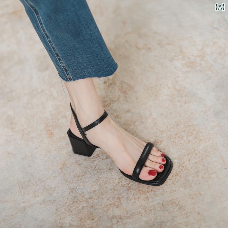 レディース 夏 サンダル おしゃれ 革 オープントゥ チャン キー ヒール スカート ハイヒール シューズ(4.0)