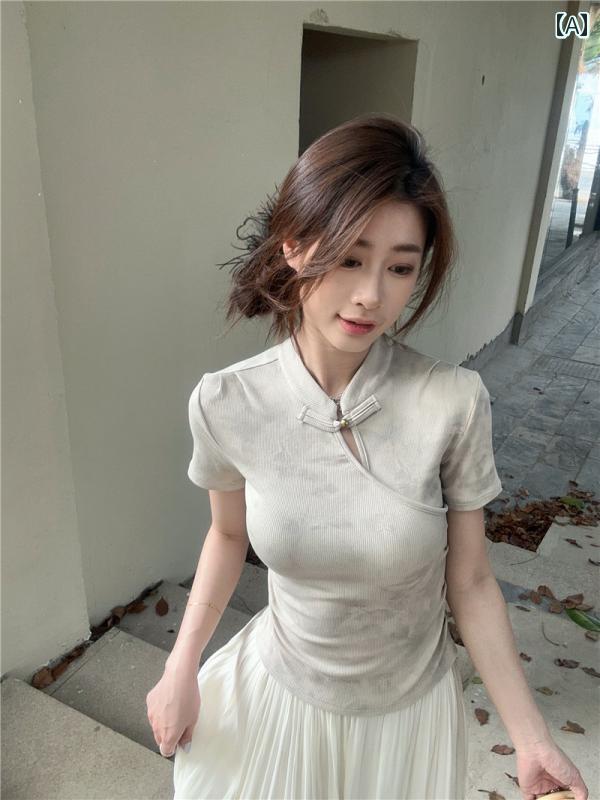 レディース 夏 カジュアル トップス T シャツ 普段使い 中華風 プレート ボタン サマー レトロ スリム おしゃれ 半袖