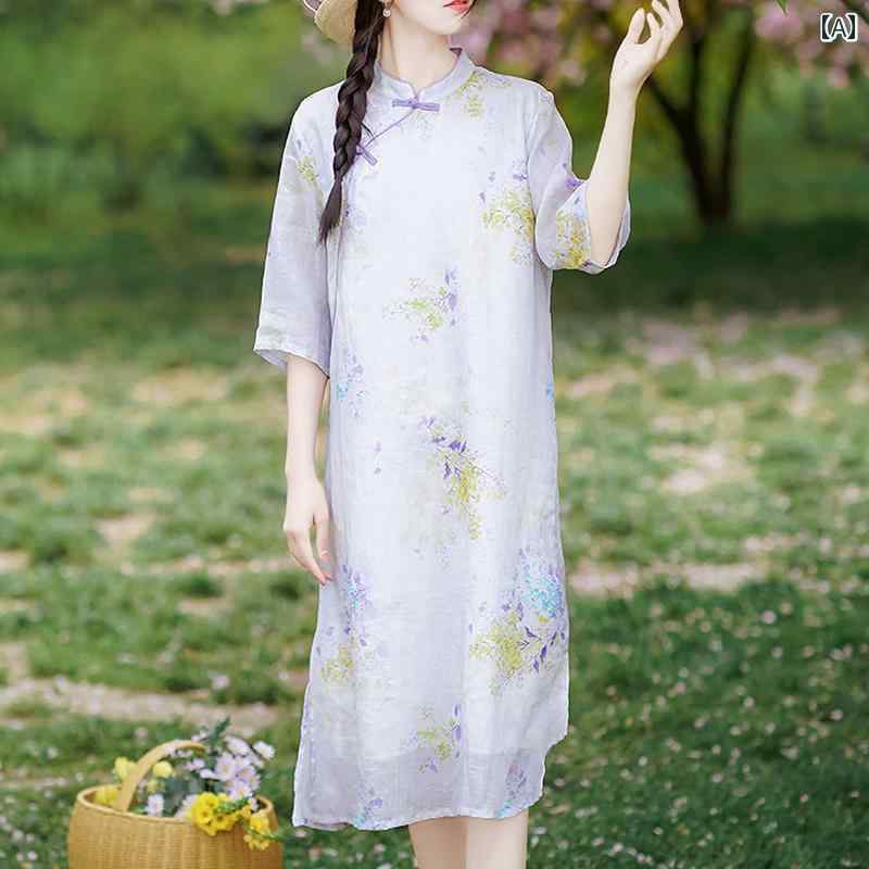 レディース 夏 ゆったり ワンピース ラミー ドレス 女性 大きいサイズ 文学 レトロ ロング スカート 綿..