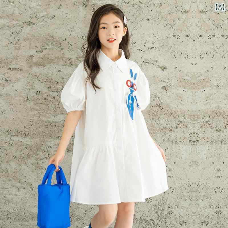 Rakuten - 夏 ワンピース かわいい 女の子 ガールズ スカート シャツ ロング 子供用 半袖 綿 小中学生 韓国 ドレス