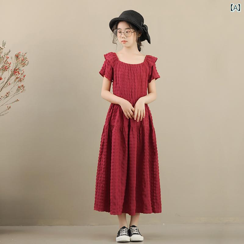 ワンピース かわいい 女の子 ガールズ サマー ドレス スタイリッシュ 中型 子供 半袖 ロング パフォーマンス パフスリーブ プリンセス