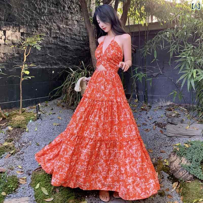 レディース リゾート ワンピース フレンチ フローラル V ネック ホルター バック レス ドレス 海辺 ビ..