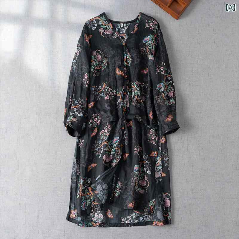 レディース 夏 カジュアル ワンピース おしゃれ アジアン 花柄 コットンリネン 七分袖 ドレス レトロ ..