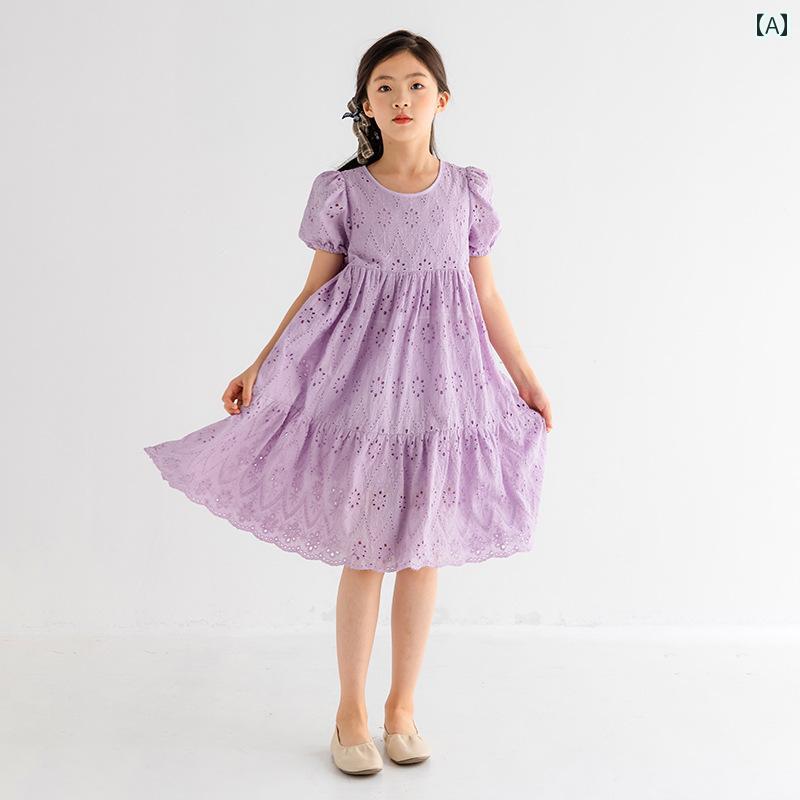 Rakuten - 夏 ワンピース かわいい 女の子 ガールズ 綿 ドレス パープル 半袖 中大 子供 韓国 レース プリンセス
