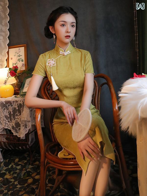 China Dress - レディース チャイナ ドレス おしゃれ ワンピース コスプレ 撮影 衣装 黄色 上品 洗練 ハイエンド ガール サマー レトロ ミドル丈