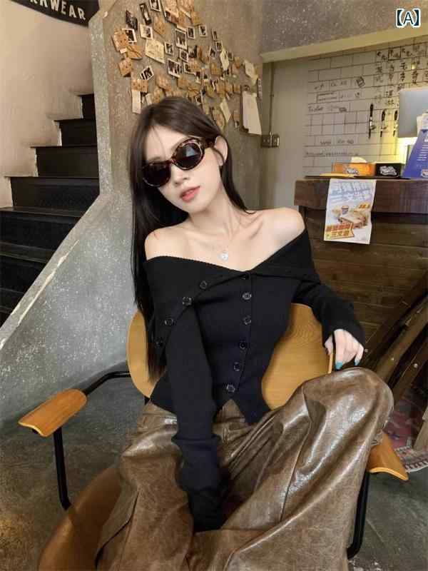 レディース セーター おしゃれ フレンチ ワンピース カラー オフショルダー ニットカーディガン 秋冬 不規則 トップス ボトム シャツ