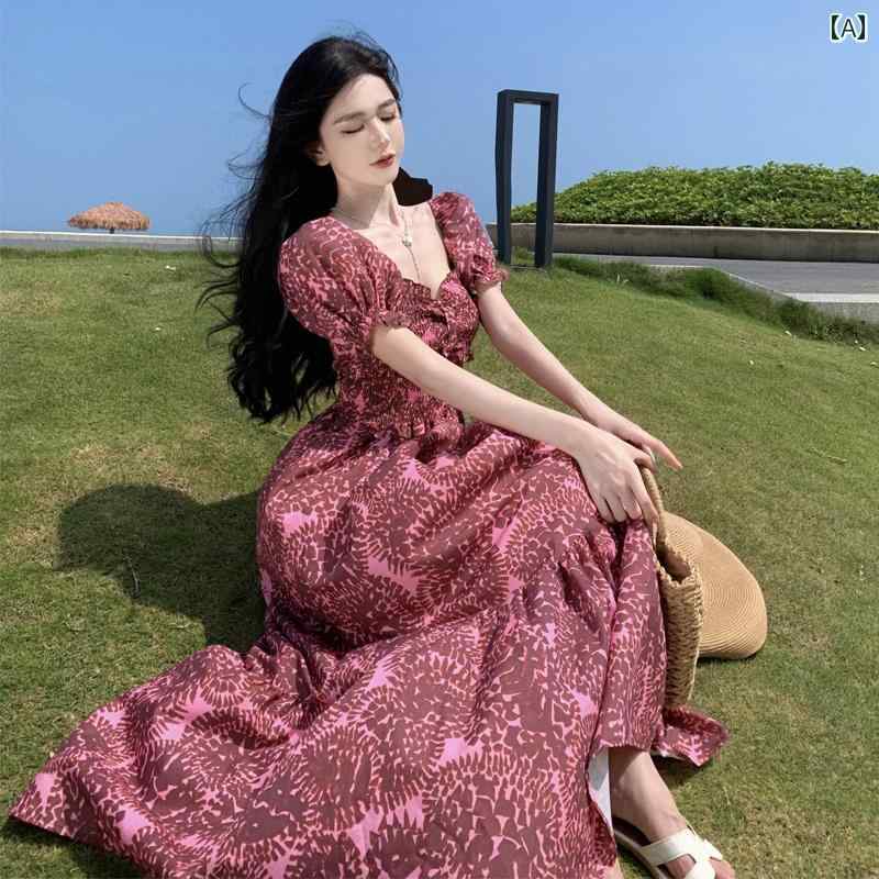 レディース 夏 リゾート ワンピース ビーチ 旅行 写真撮影用 女性 服 スリム パフスリーブ チューブ トップ 背中 開いた 花柄 ドレス