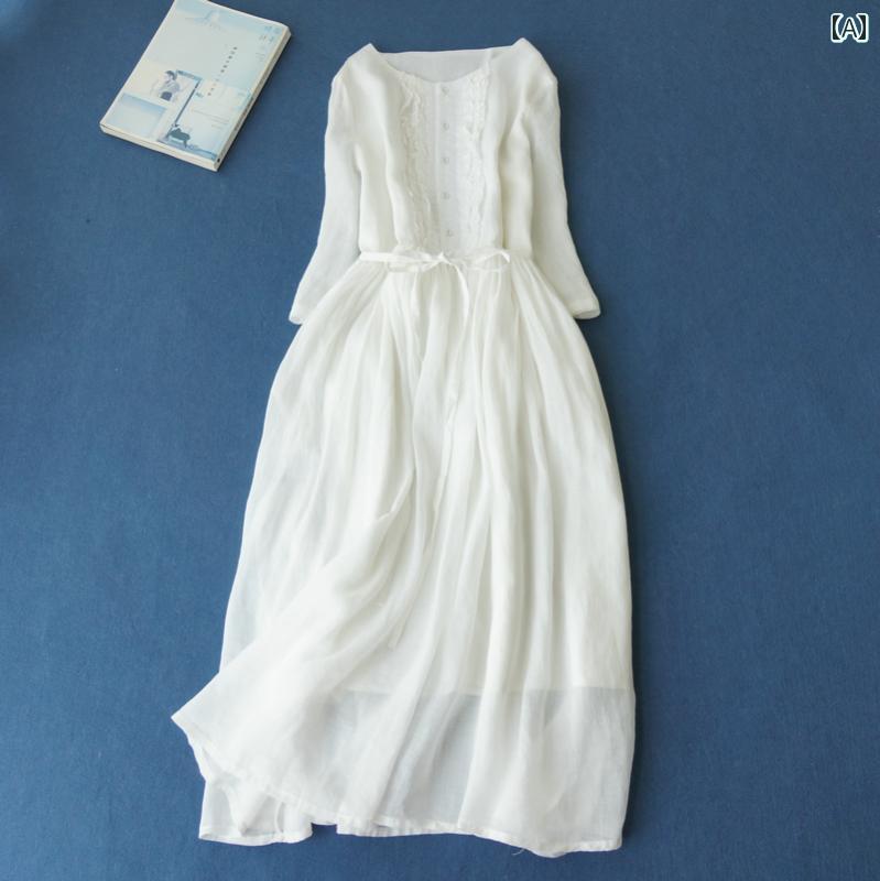 レディース 夏 ワンピース ロング ビーチ リゾート シングル フォレスト コットンリネン ドレス 女性 サマードレス ウエスト 締める リネン 白い フェアリー スカート