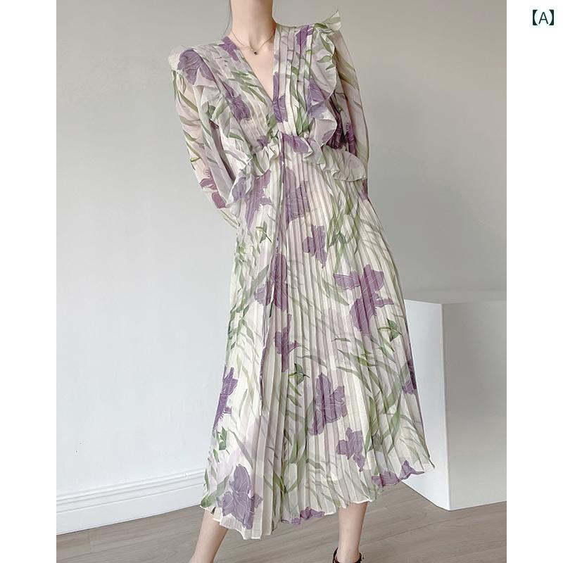 レディース ワンピース 大人かわいい プリーツスカート ミドル丈 春 優しい フェアリー 花柄 ドレス シック ユニーク スカート