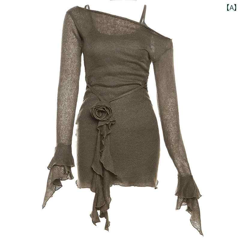 レディース ワンピース レトロ ヴィンテージ マナー ローズ ワンショルダー トランペット 長袖 ドレス ..