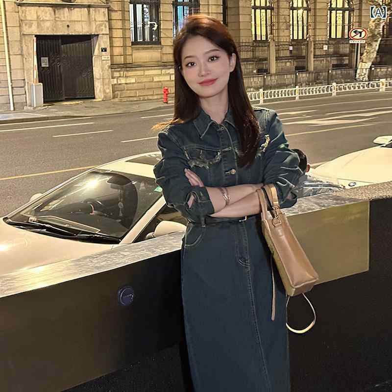 レディース ワンピース 大人 かわいい フランス シャツ デニムスカート スリム シック 腹 カバー ドレス 女性 秋冬