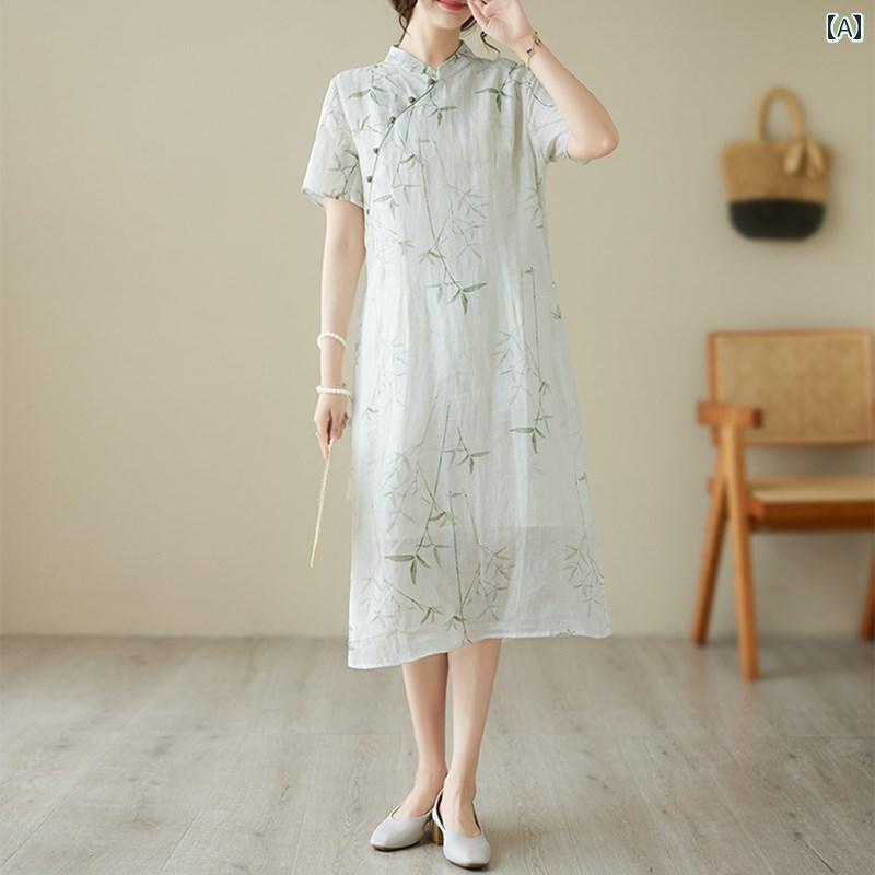 Wear （Sports） - レディース 夏 チャイナ ドレス ゆったり 大きいサイズ マザー 普段使い 体型カバー ワンピース 高級感 コットンリネン 文学 レトロ プリント スカート 女性 ミドル丈