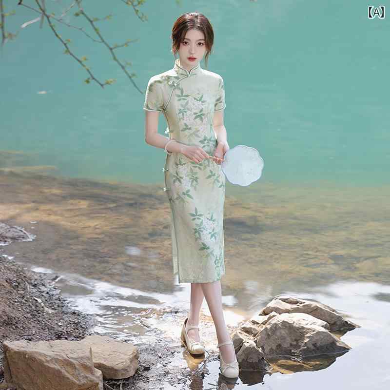 China Dress - レディース チャイナ ドレス エレガント ワンピース 撮影 衣装 中華風 レトロ 上品 洗練 女子 普段使い 日常着 ウェアラブル