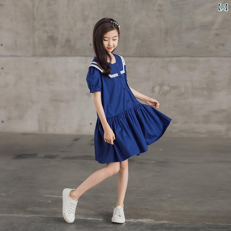 夏 ワンピース かわいい 女の子 ガールズ ドレス ブルー パフスリーブ 韓国 レース 襟 プリンセス 中大 子供