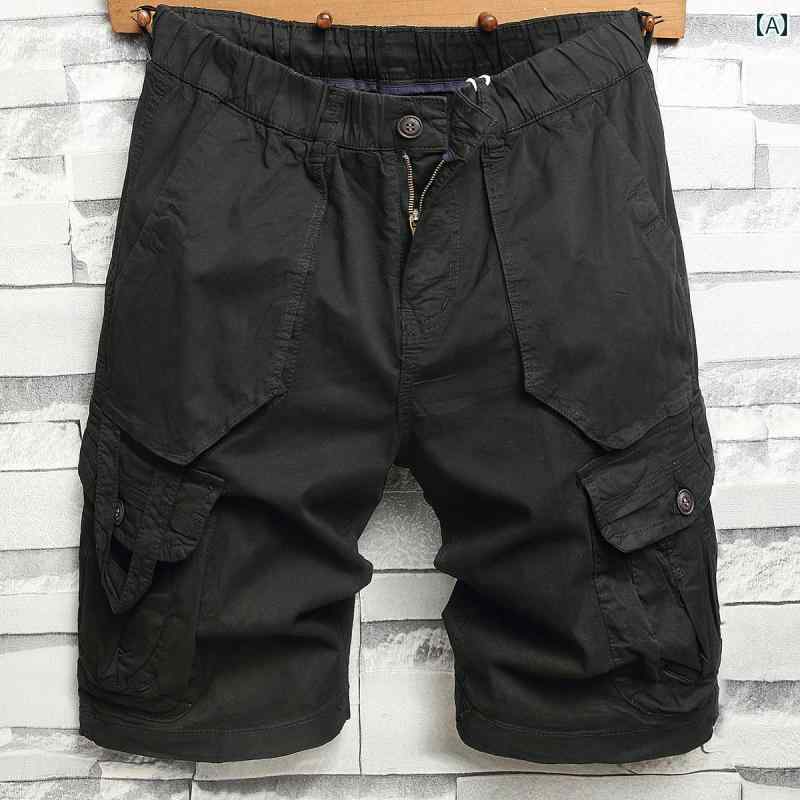 メンズ 夏 カジュアル パンツ ハーフ 半ズボン アウトドア 作業 ズボン オーバー オール サマー マルチ ポケット 伸縮性 ウエスト ゆったり 黒 綿 五分丈 ショーツ