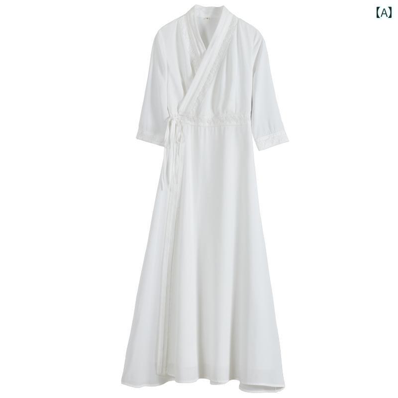 レディース ワンピース レトロ 中華風 リラックス ウェア クロス カラー シフォン ドレス 漢服 フェアリー 瞑想 スリム エスニック 白 ロング スカート