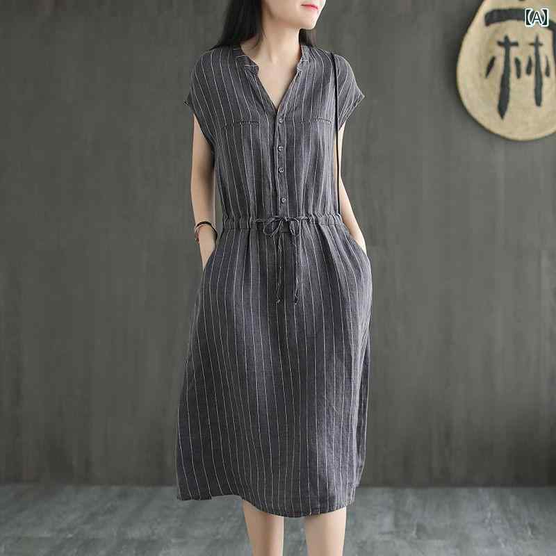 レディース 夏 ワンピース ロング ビーチ リゾート 女性 ハイエンド リネン ドレス サマードレス v ネ..